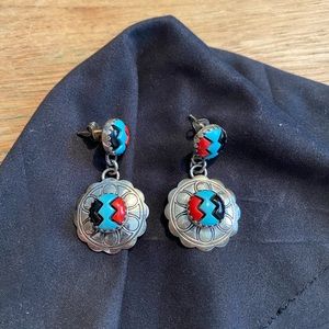 Concho style earrings with turquoise, coral and onyx